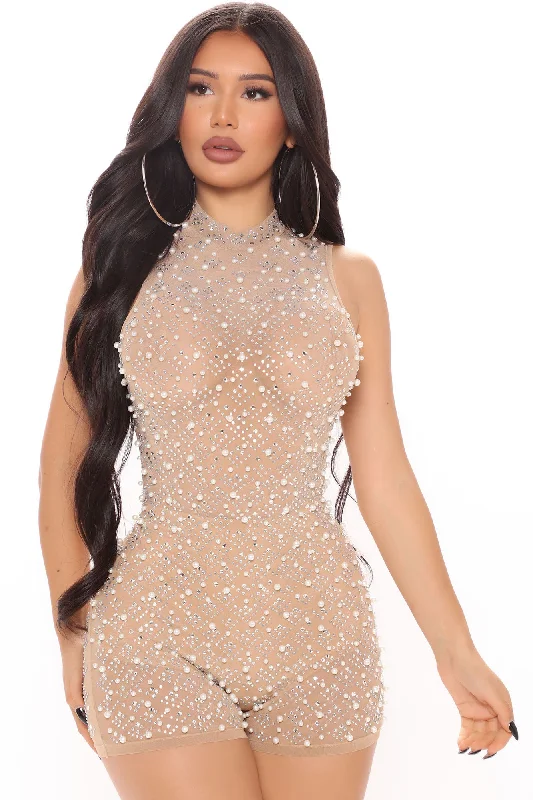 Dazzling Diamond Sleeveless Romper - Nude